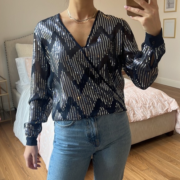WAYF Sheer Sequin Navy Blue Wrap Top size medium - Picture 4 of 12